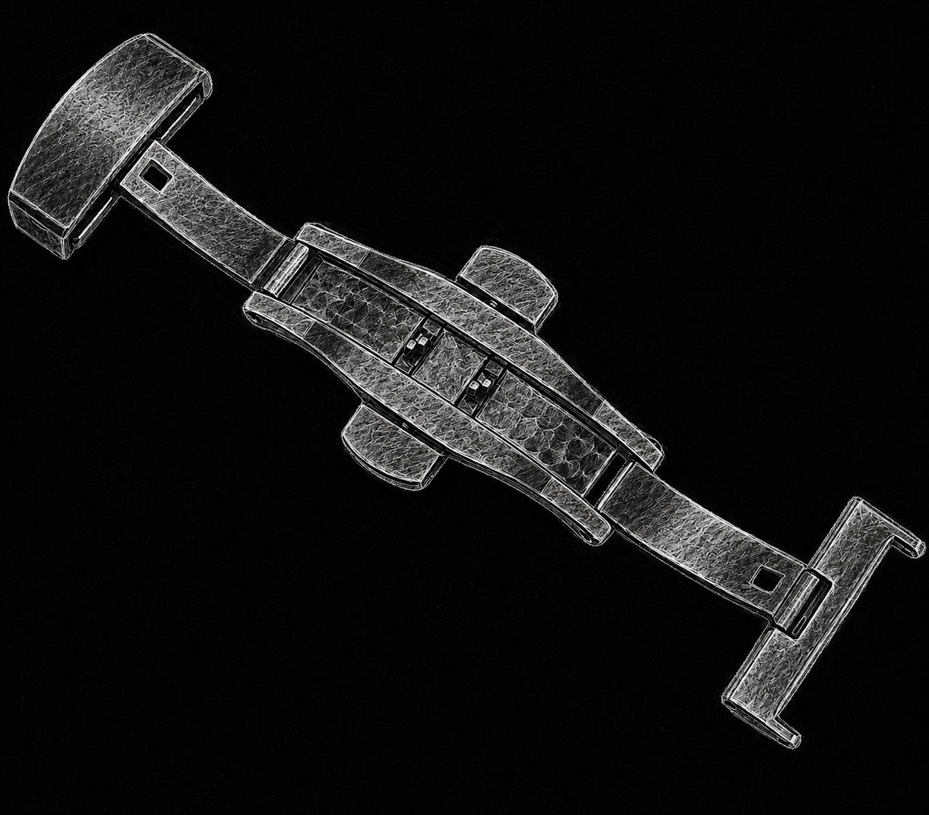 Technical sketch of the deployant clasp open showing ergonomic geometry