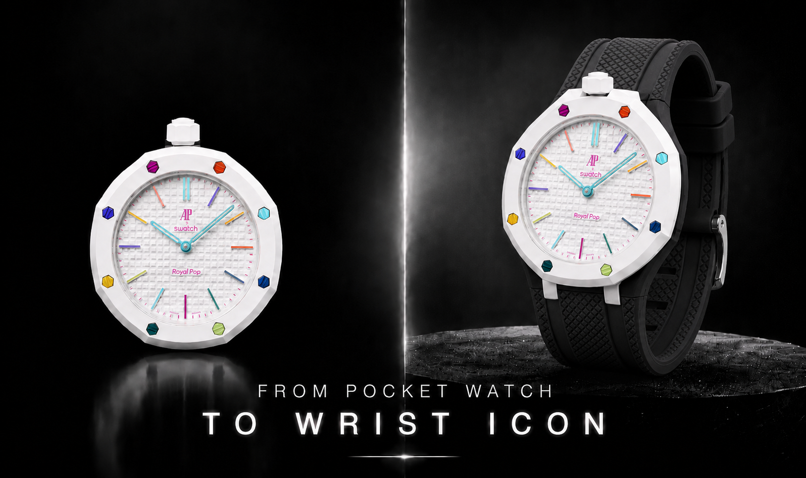 AP x Swatch Royal Pop pocket watch transformed into a wristwatch with WatchMorph strap